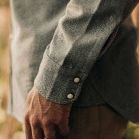 our fit model wearing The Western Shirt in Olive Melange—wrist detail