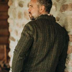 fit model wearing The Ojai Jacket in Olive Tweed Herringbone, back shot