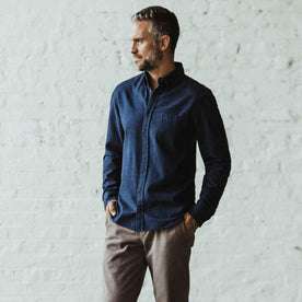 Our fit model wearing The Jack in Brushed Navy Oxford from Taylor Stitch.