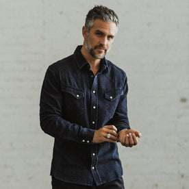our fit model wearing The Western Shirt in Indigo Crepe