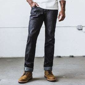 Our fit model wearing The Democratic Jean in Yamaashi Orimono Recover Selvage