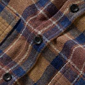material shot of the buttons on The Utility Shirt in Caramel Jaspe Herringbone Plaid