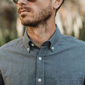 Our fit model wearing The Jack in Dusty Blue Hemp from Taylor Stitch.