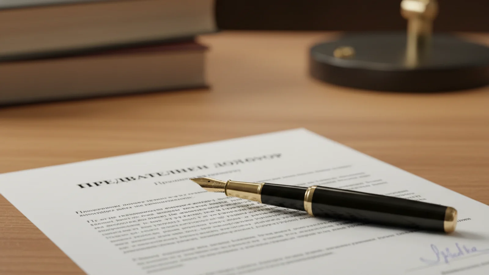 Close-up of a high-quality fountain pen resting on a signed legal contract, professional document layout, Preliminary Contract visible in Bulgarian (Предварителен договор), warm wooden office desk, soft bokeh background, photorealistic, 8k