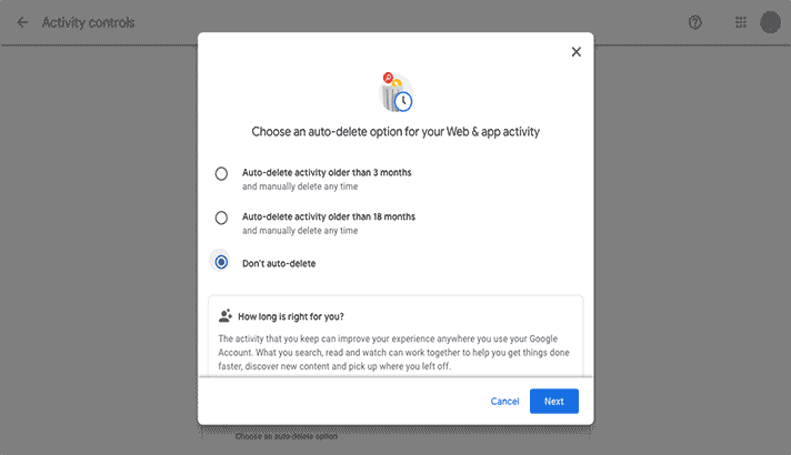 Pilih autio delete di Google Activity