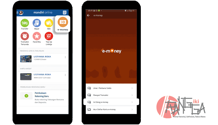 Menu e-money mandiri di Mandiri Online
