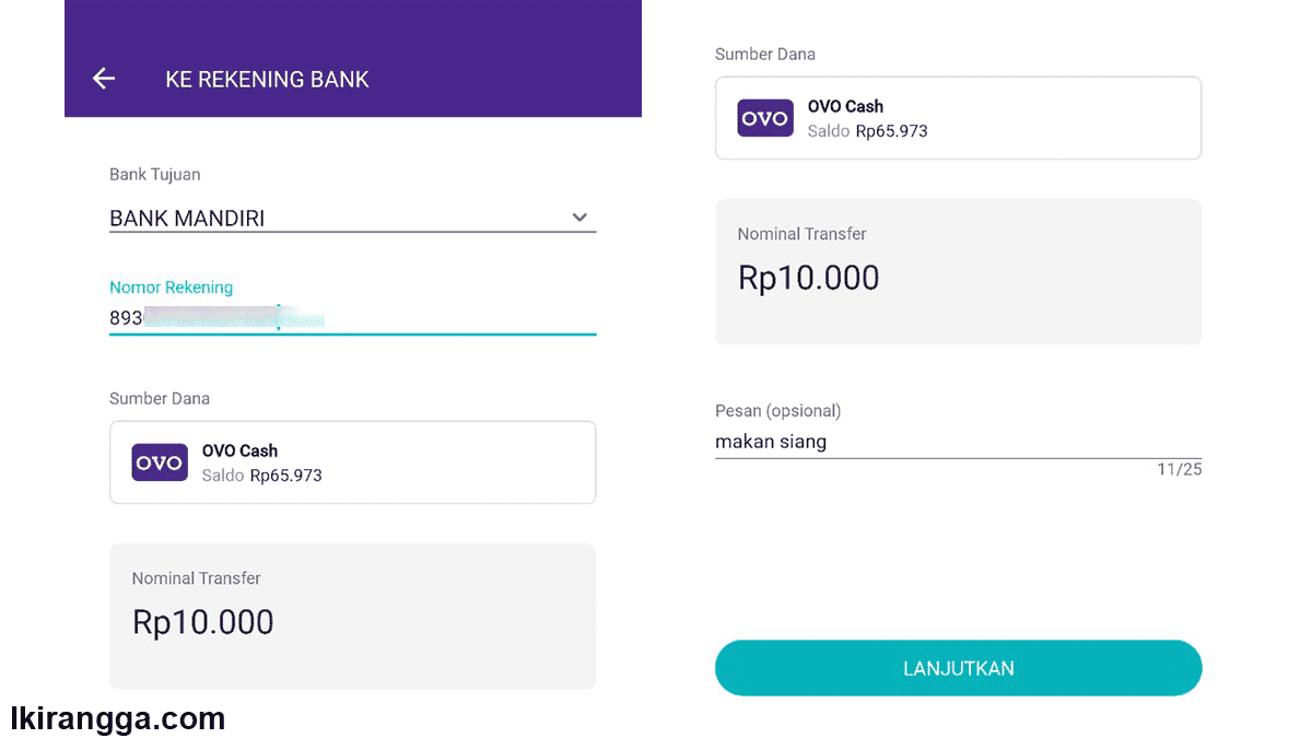 memasukkan bank dan nomor tujuan untuk transfer ovo ke shopeepay