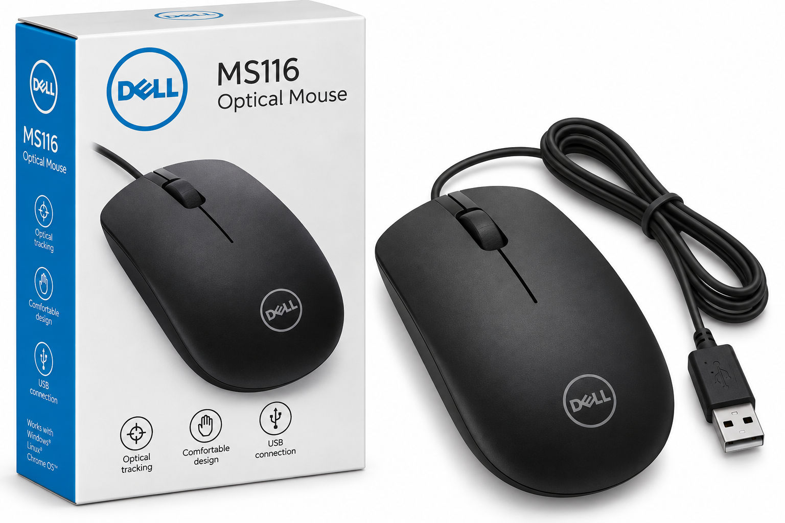 Dell MS116 Mouse and Packaging