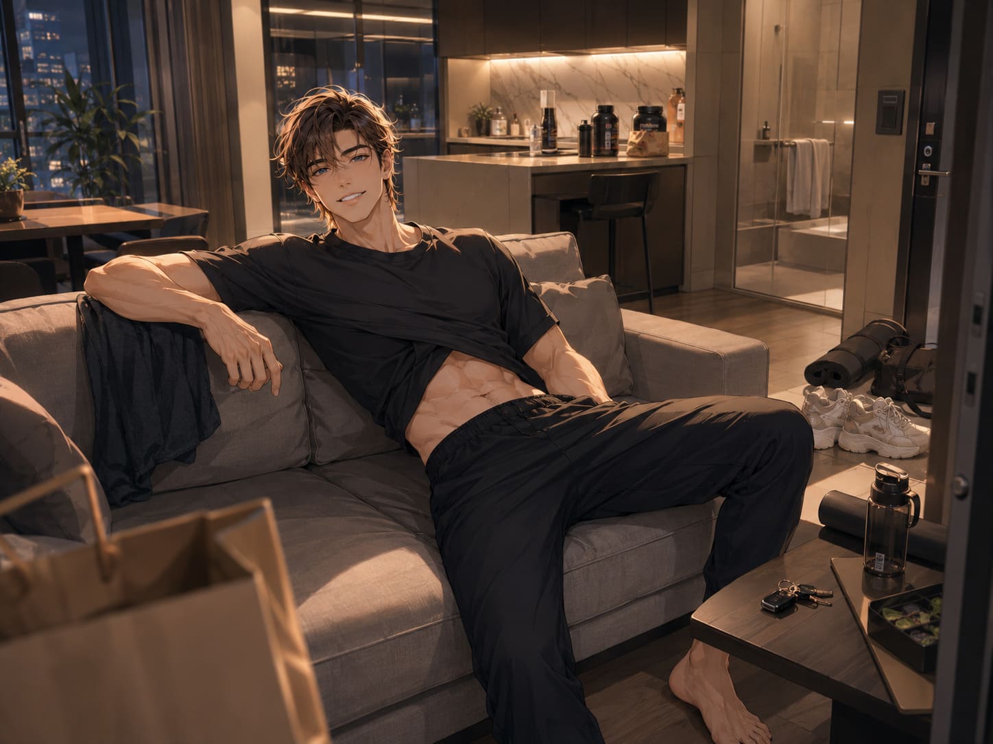 Elio lying on the apartment sofa
