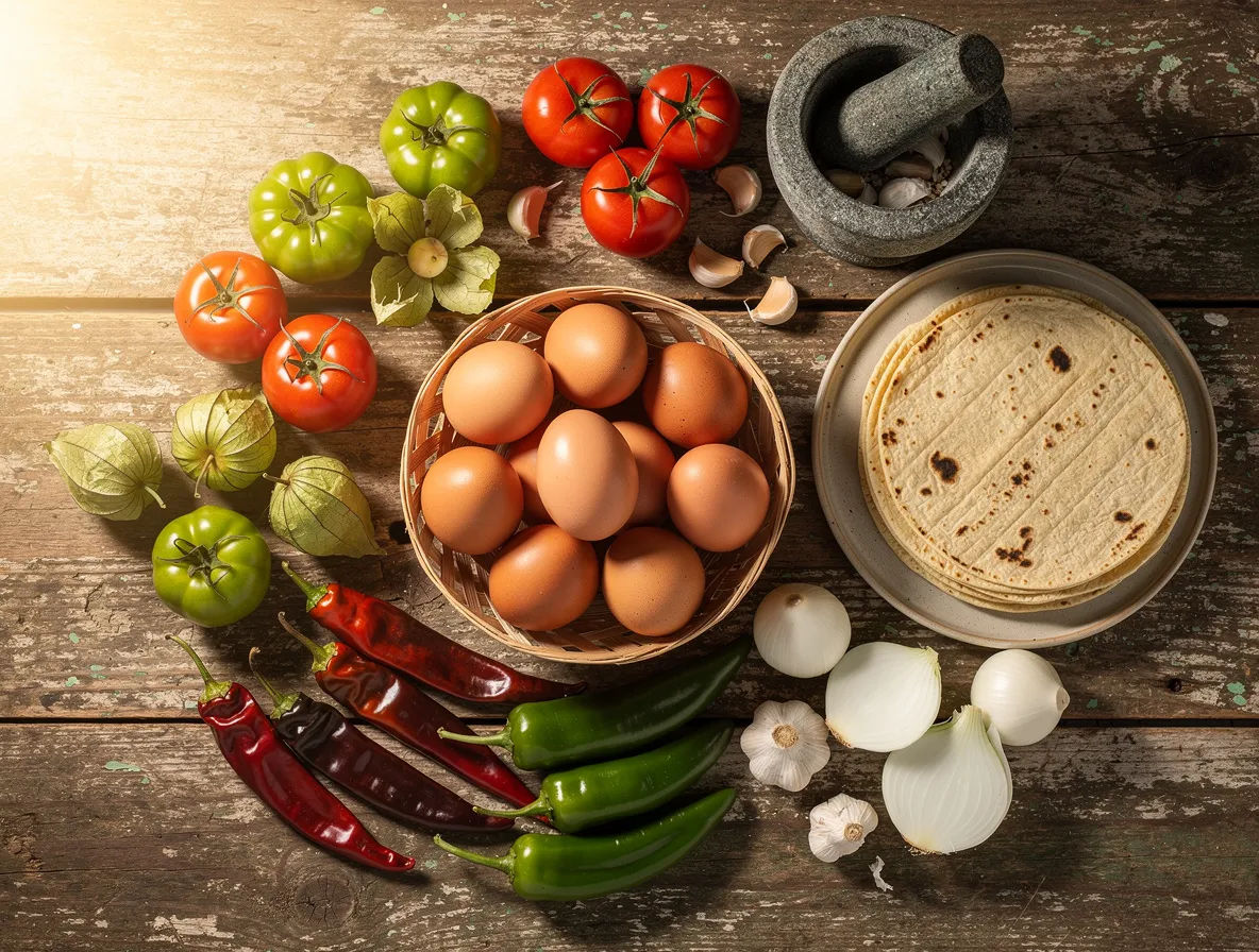 Ingredientes para Huevos divorciados receta: dos salsas en un plato estilo Zacatecas