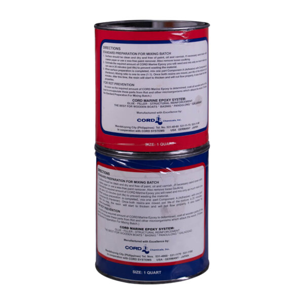 Product Description The first and the original marine epoxy in the country that is tried and trusted in boat building and repair. Product Benefits CORD Marine Epoxy provides almost permanent durability and high-impact strength preferred by boat owners and builders in the boatbuilding industry. The original marine epoxy in the country suited for its rough weather conditions and tough marine environments. Uses Excellent to use on bonding wooden joints and surfaces in the construction, repair and maintenance of wooden boats and other types of sea vessels. Technical Specifications SKU Sizes Gallon, Quart, Pint, 1/2Pint, 1/4Pint Handling Time 30-45 minutes Setting Time 7-8 hours Color Hazy grey Mixing Ratio 1A:1B Shelf Life 2 years