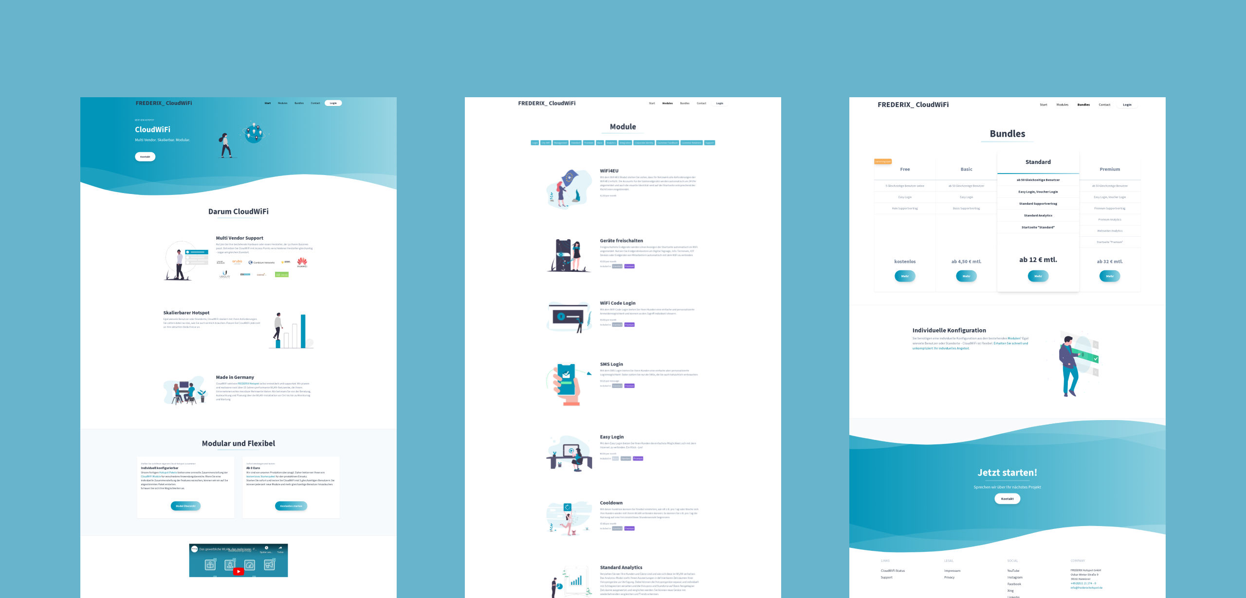 Large image showcasing the pages of the website cloud-wifi.de. Screenshots of three different pages of the website on a baby blue background.