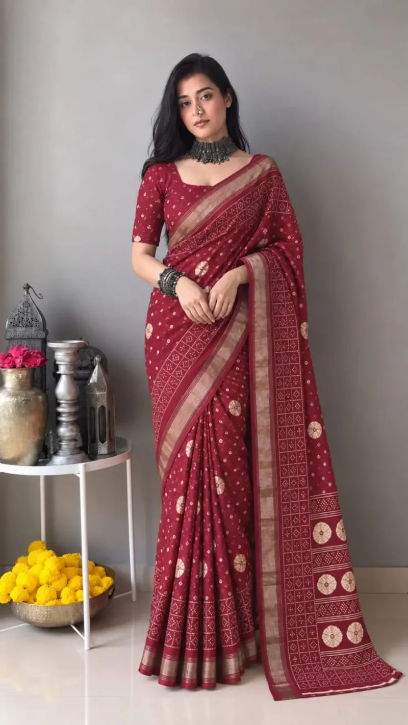 Navratri Saree: Wine Maroon Dola Silk Saree for Karwa Chauth