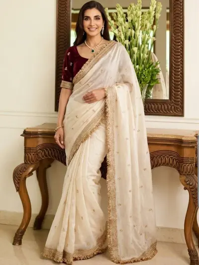 White Fendy Space Silk Saree – Bollywood Glam Look in Minutes!