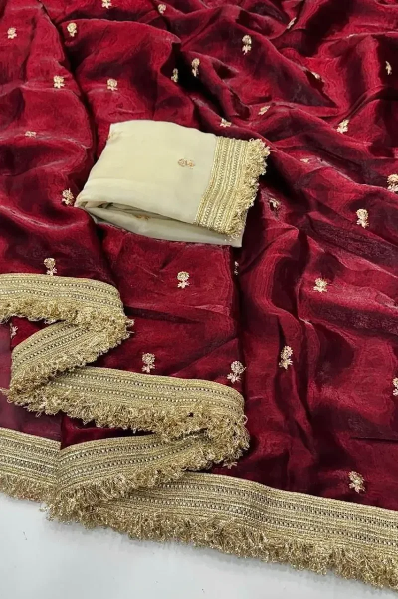 Rani Red Fendy Space Silk Saree – Bollywood Glam Look in Minutes!