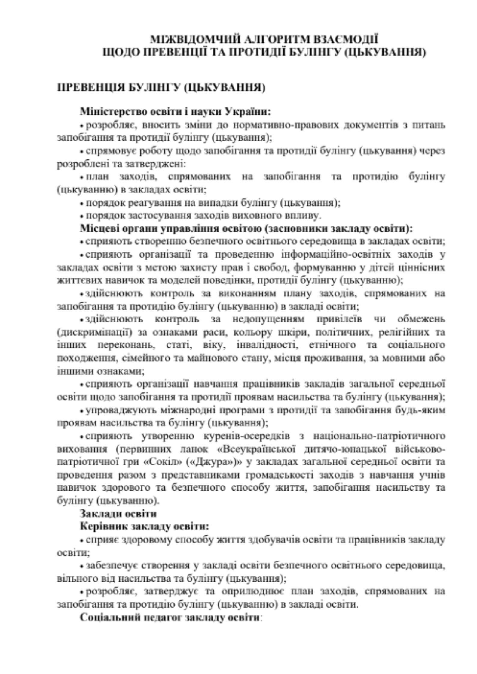 Документ - Міжвідомчий алгоритм взаємодії щодо превенції та протидії булінгу (цькування)