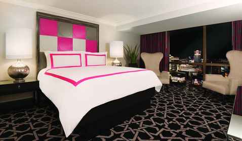 Paris Hotel in Las Vegas. Two queen bed burgundy room with strip view. 