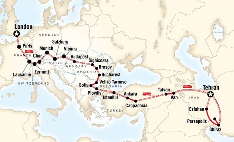 Railroad map from London to Tehran