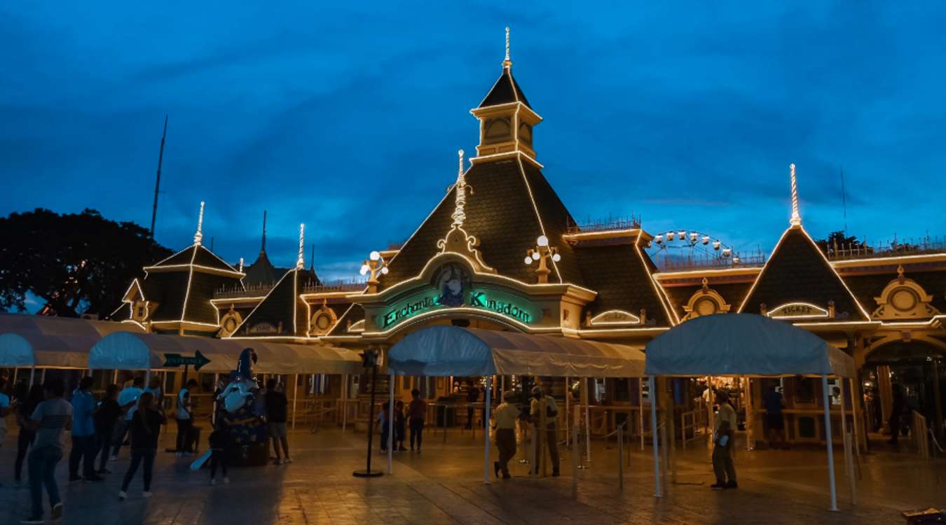 Enchanted Kingdom's Grand Gateway at night