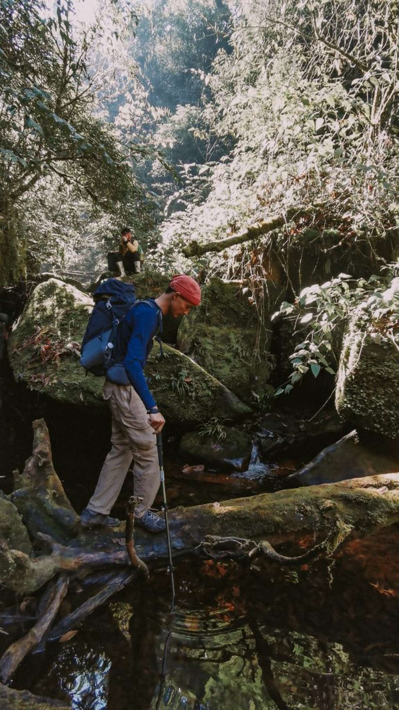 Đi qua thân cây đổ và phiến đá trong lòng suối rêu trơn như đổ mỡ - Trekking Cú Nhìu San