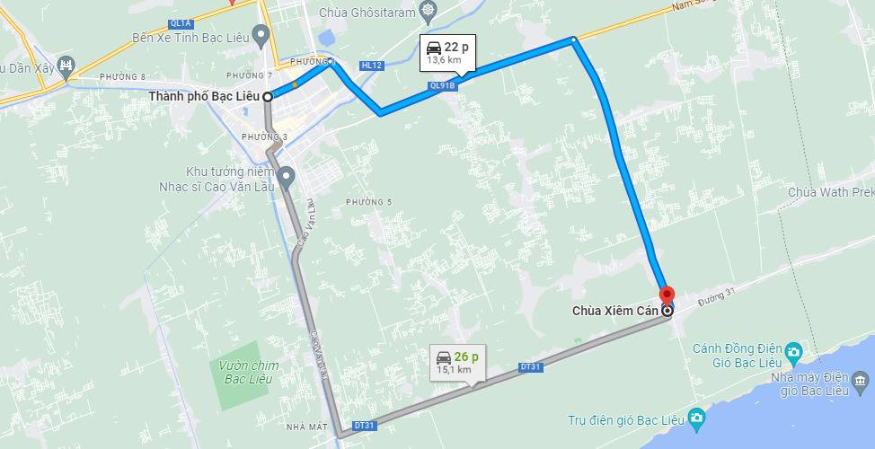 Cung đường di chuyển đến chùa Xiêm Cán theo bản đồ