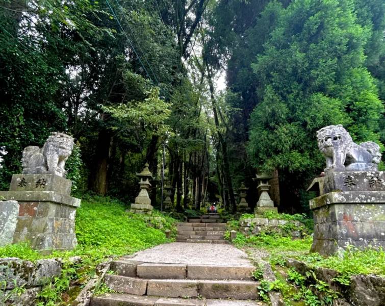 Hai chú sư tử đá trấn giữ ở cổng đền