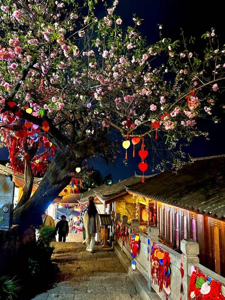 Cây hoa anh đào tình yêu trước lối vào Vạn Cổ Lầu được treo những trái tim ước nguyện của du khách khiến bất kỳ ai đi qua cũng ngẩng đầu dõi theo