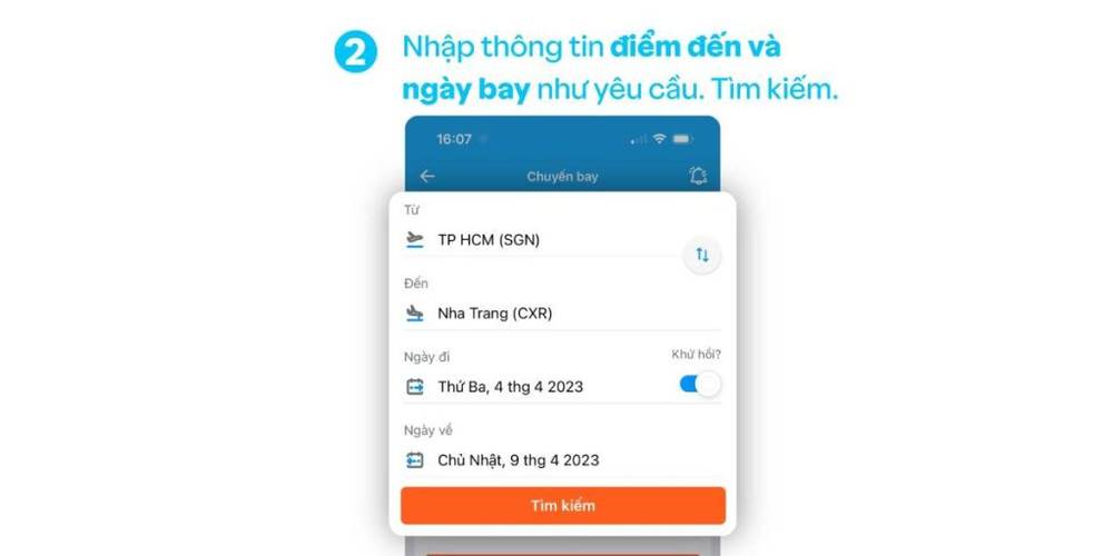Nhập điểm đến và điểm đi