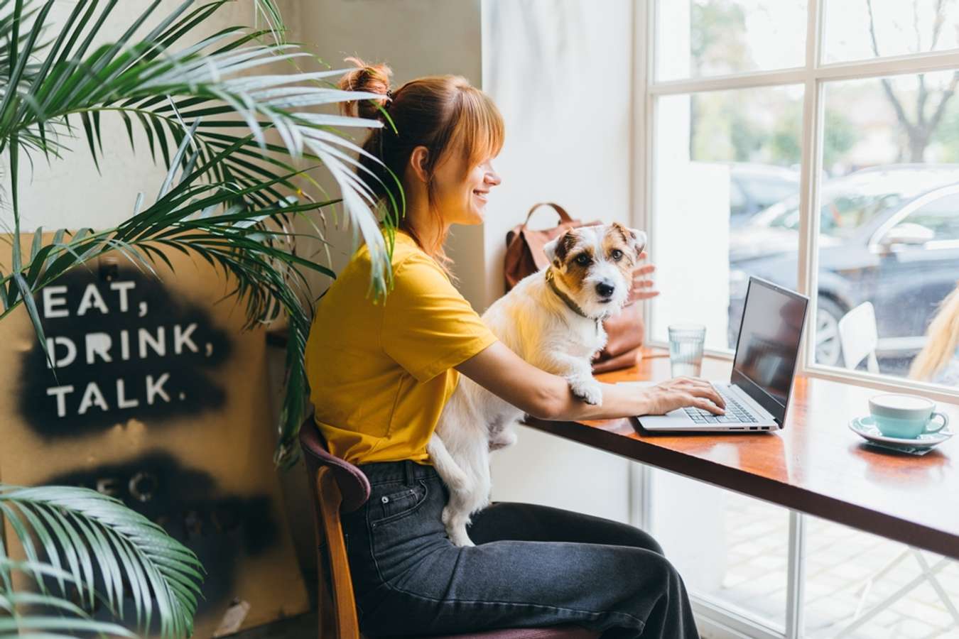 Woman enjoy with her laptop and dog in Chow Cute Cafe