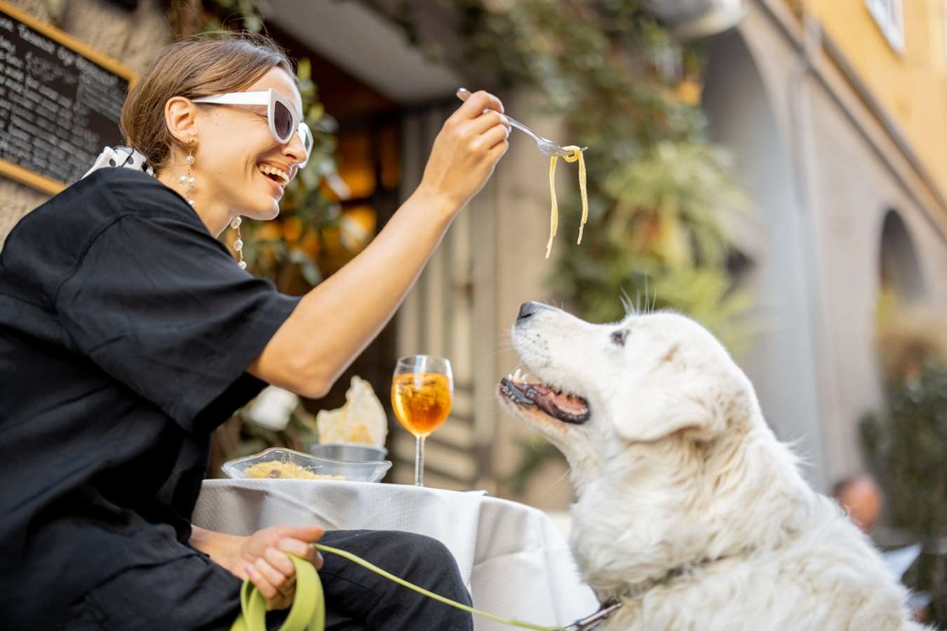 Woman enjoy eating spaghetti with her dog in Ulu Ulu Pet Café