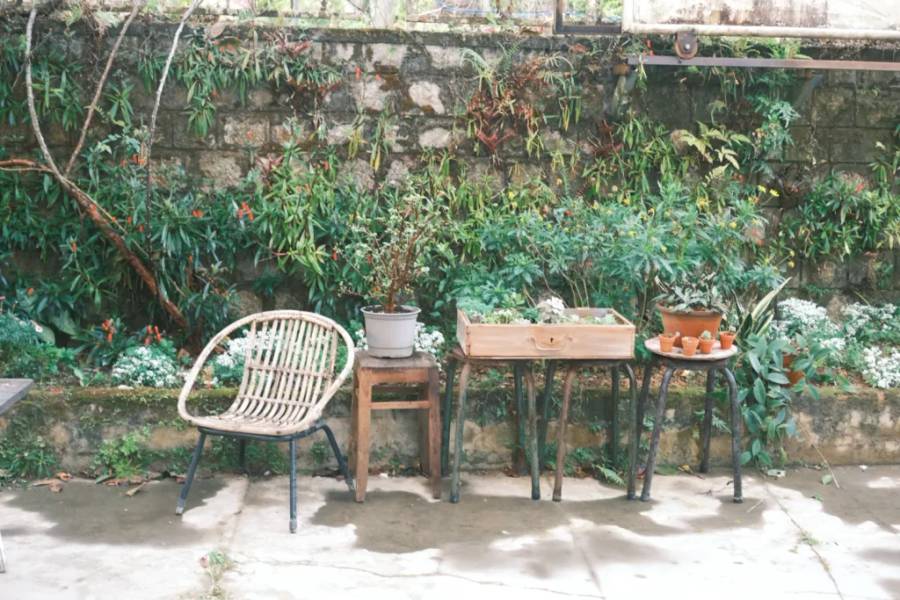 Một góc sân ở ngoài quán