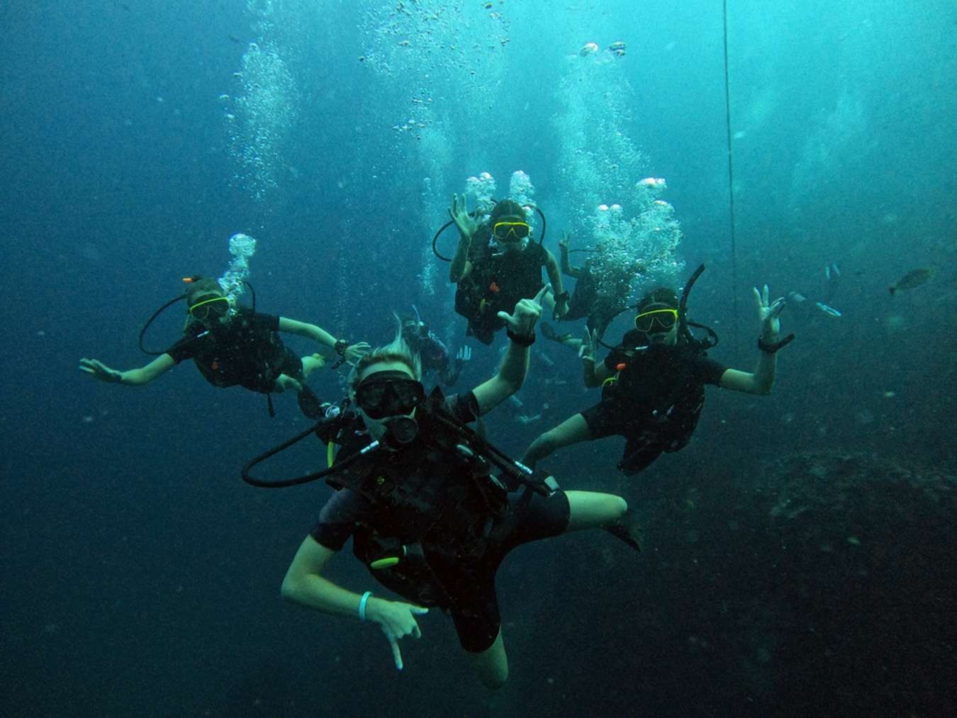 Four scuba divers enjoying the warm water in Koh Tao Thailand