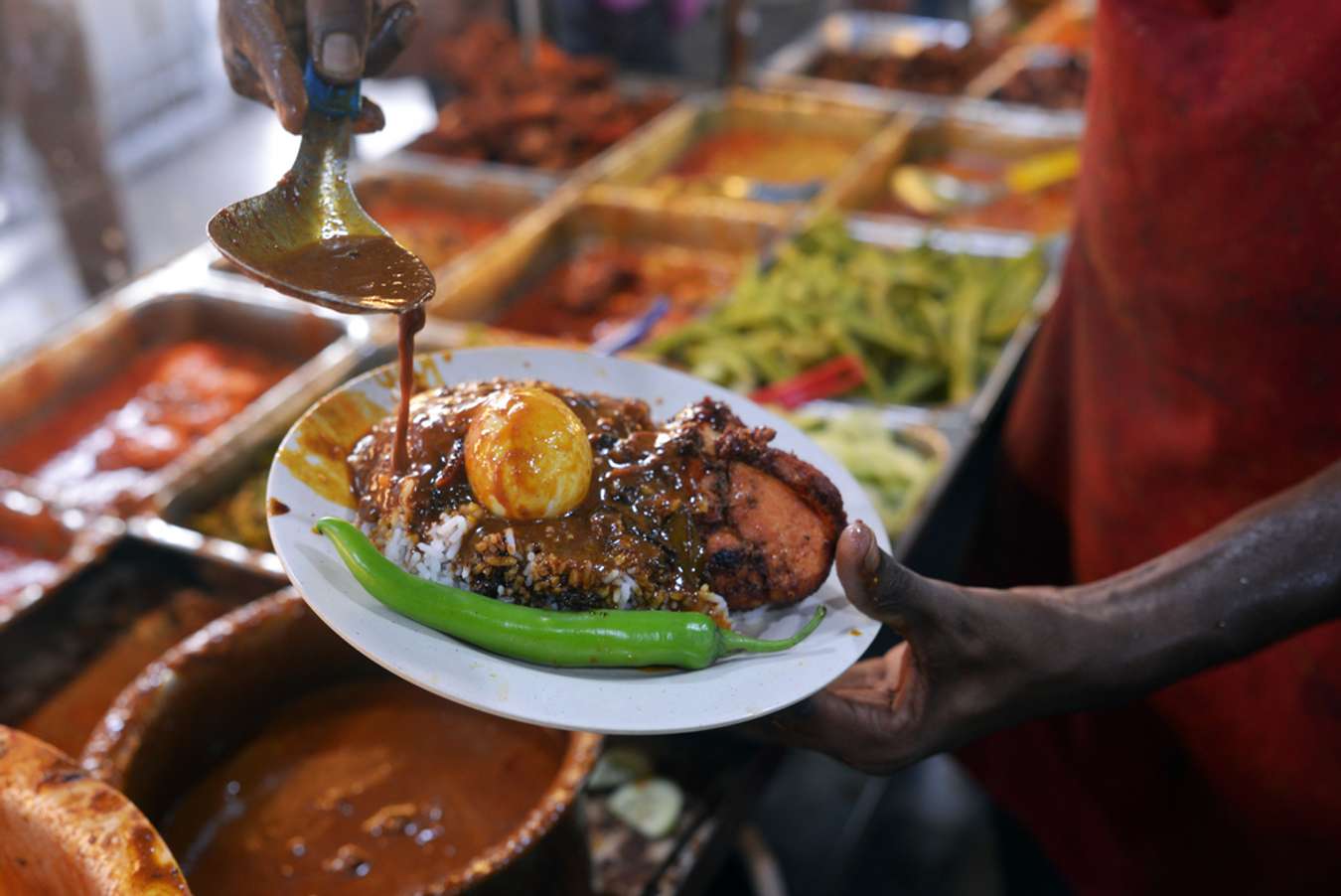 Close up the popular Nasi Kandar or Kandar Rice in Penang State, Malaysia