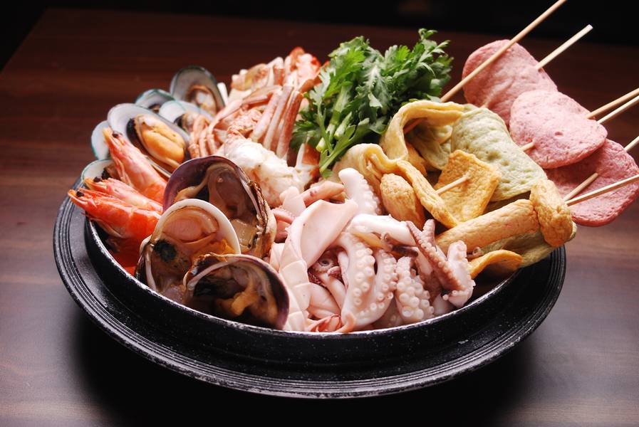 Fish cake and seafood hot pot