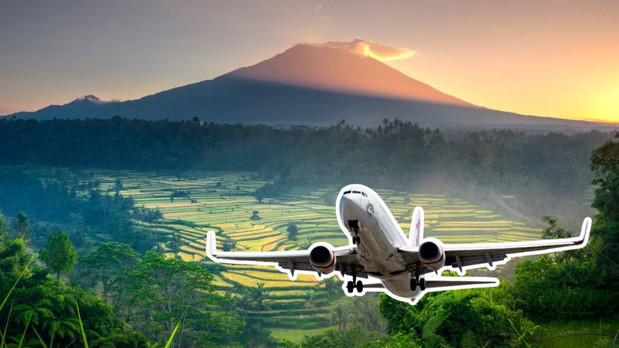 Virgin Australia plane with a Bali backdrop.