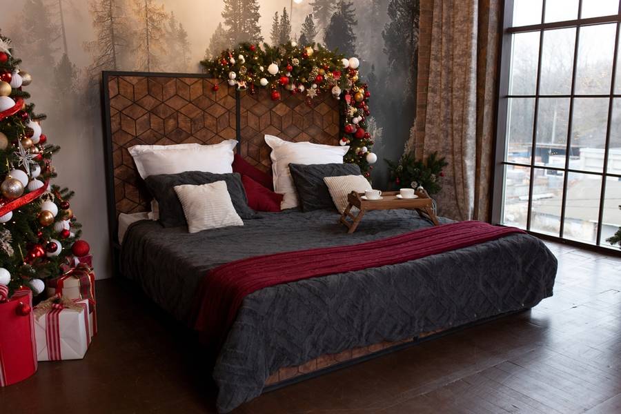 bedroom with large bed Christmas's interior. holiday hotel room