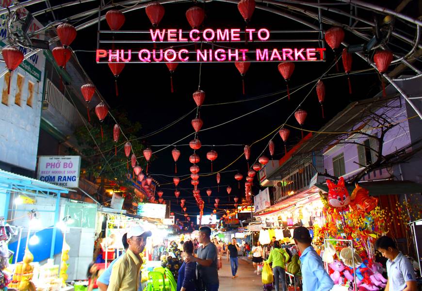 Duong Dong, Phu Quoc island, Vietnam - March 19, 2019: The Phu Quoc Night Market in Duong Dong town. Popular tourist attraction with souvenirs and local cuisine cafe