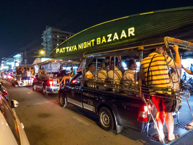PATTAYA, THAILAND - FEBRUARY 4, 2018: View of the Pattaya Night Bazaar at night. 
