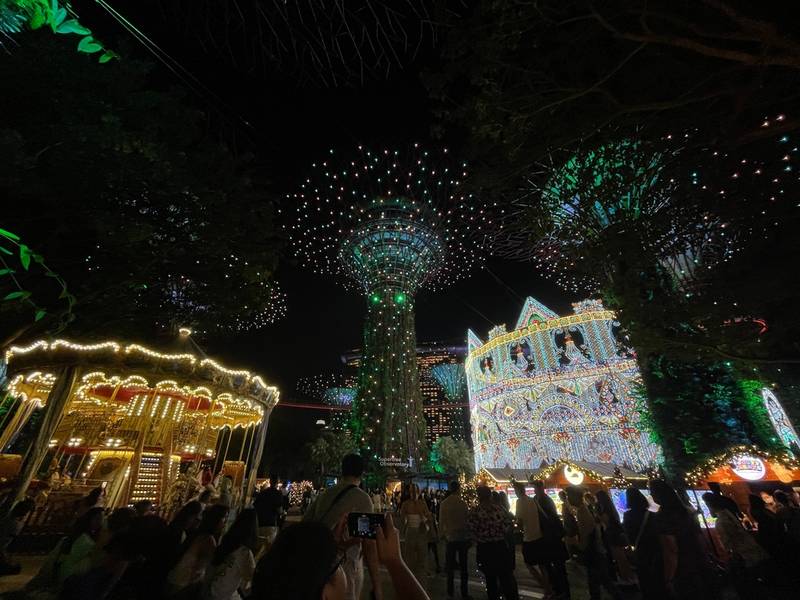 SINGAPORE - 15th December 2024: A festive scene of Christmas Wonderland at Gardens by the Bay, featuring dazzling holiday lights, intricate decorations, and a magical atmosphere. 