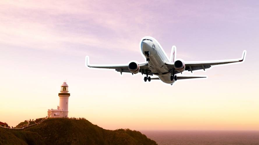 A Virgin Australia plane and Byron Bay
