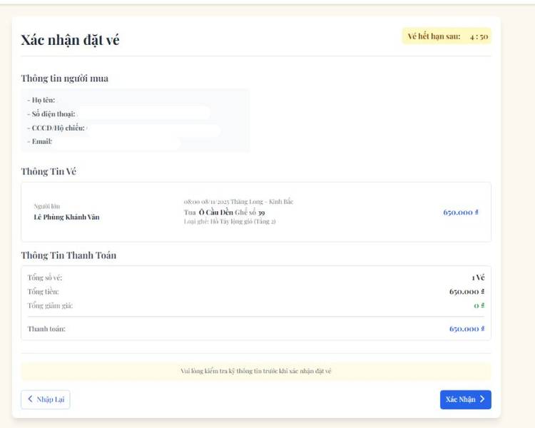 điền thông tin cá nhân đặt vé tàu 5 cửa ô
