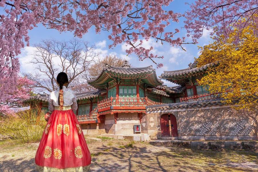 Du khách trải nghiệm mặc hanbok dạo bước trong cung điện Gyeongbokgung