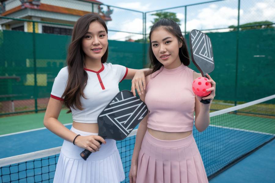 Two young women in activewear on court playing pickleball