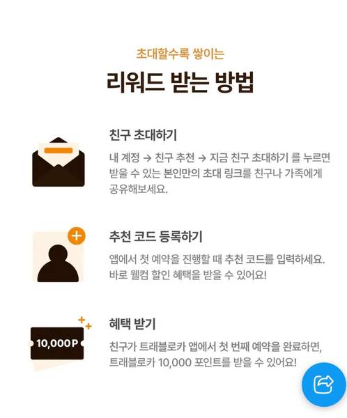 트래블로카 친구 초대 리워드 받는 방법: 초대 링크 공유, 코드 등록, 포인트 혜택 받기 3단계 설명 가이드.