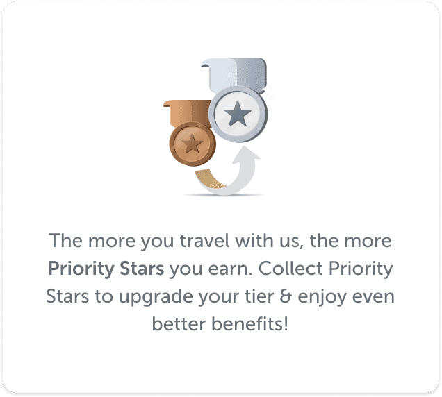 The more you travel with us, the more Priority XP (Experience Points) you earn. Collect Priority XP to upgrade your tier & enjoy even better benefits!