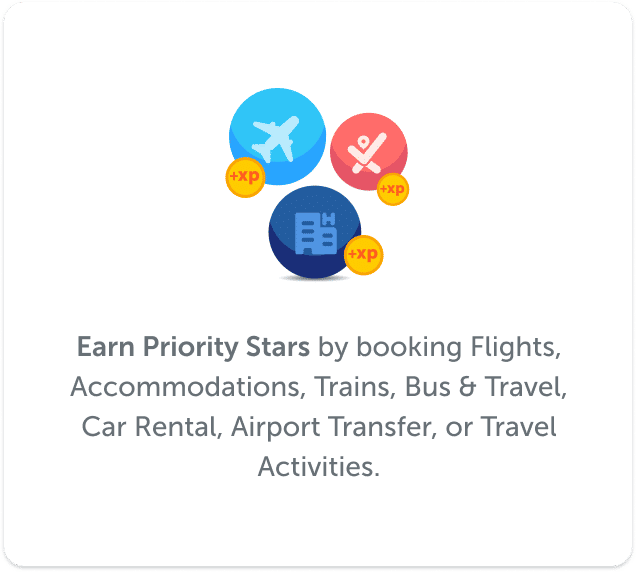 Earn Priority XP by booking Flights, Accommodations, Trains, Bus & Travel, Car Rental, Airport Transfer, or Travel Activities.