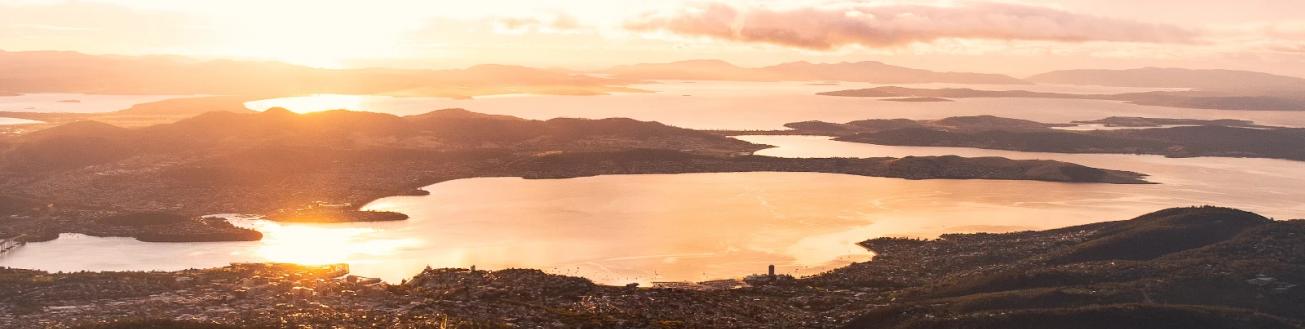 Sunrise view overlooking Hobart, Tasmania from the top of Mount Wellington