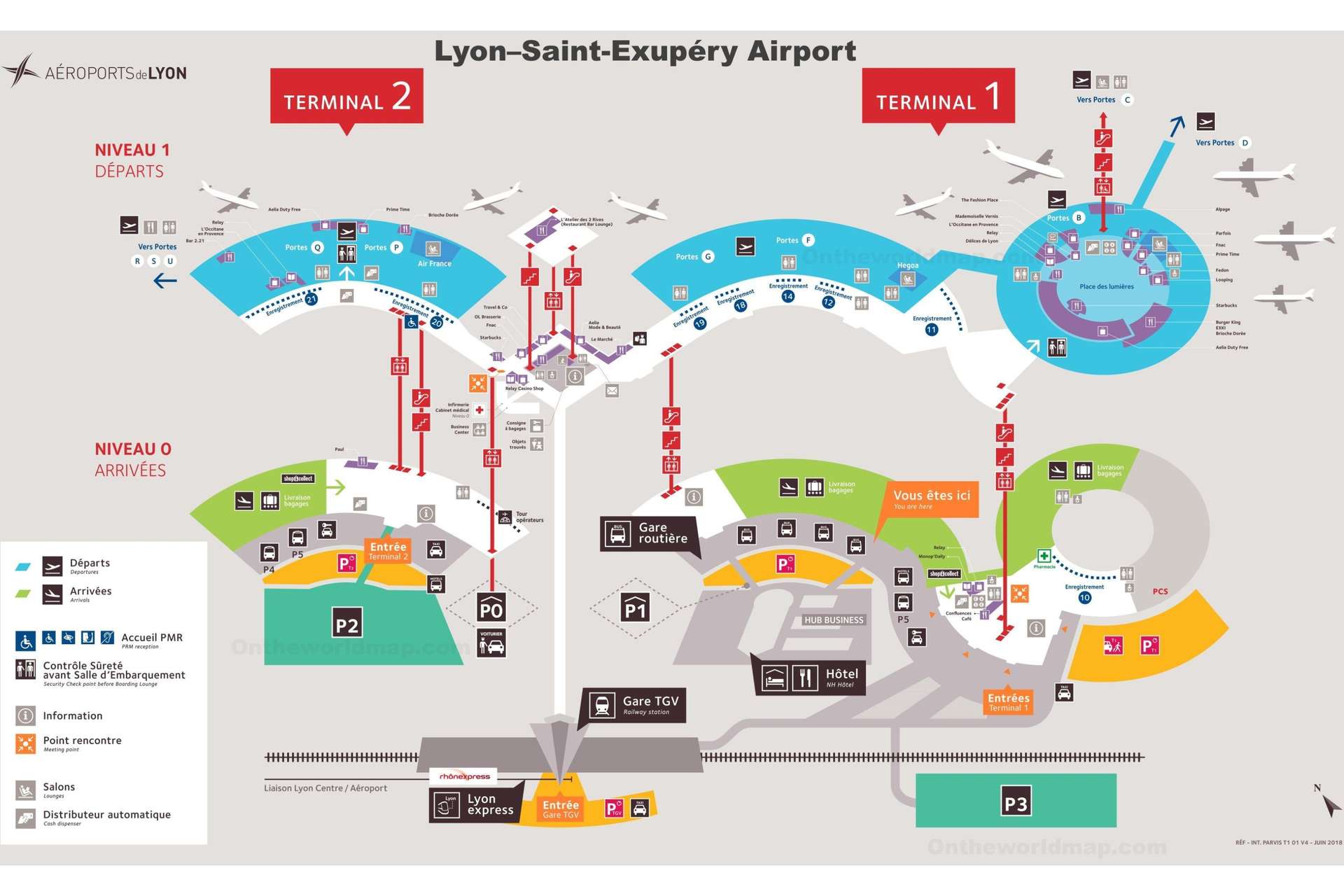 Sơ đồ cấu trúc nhà ga 1 và nhà ga 2 của sân bay Lyon Pháp