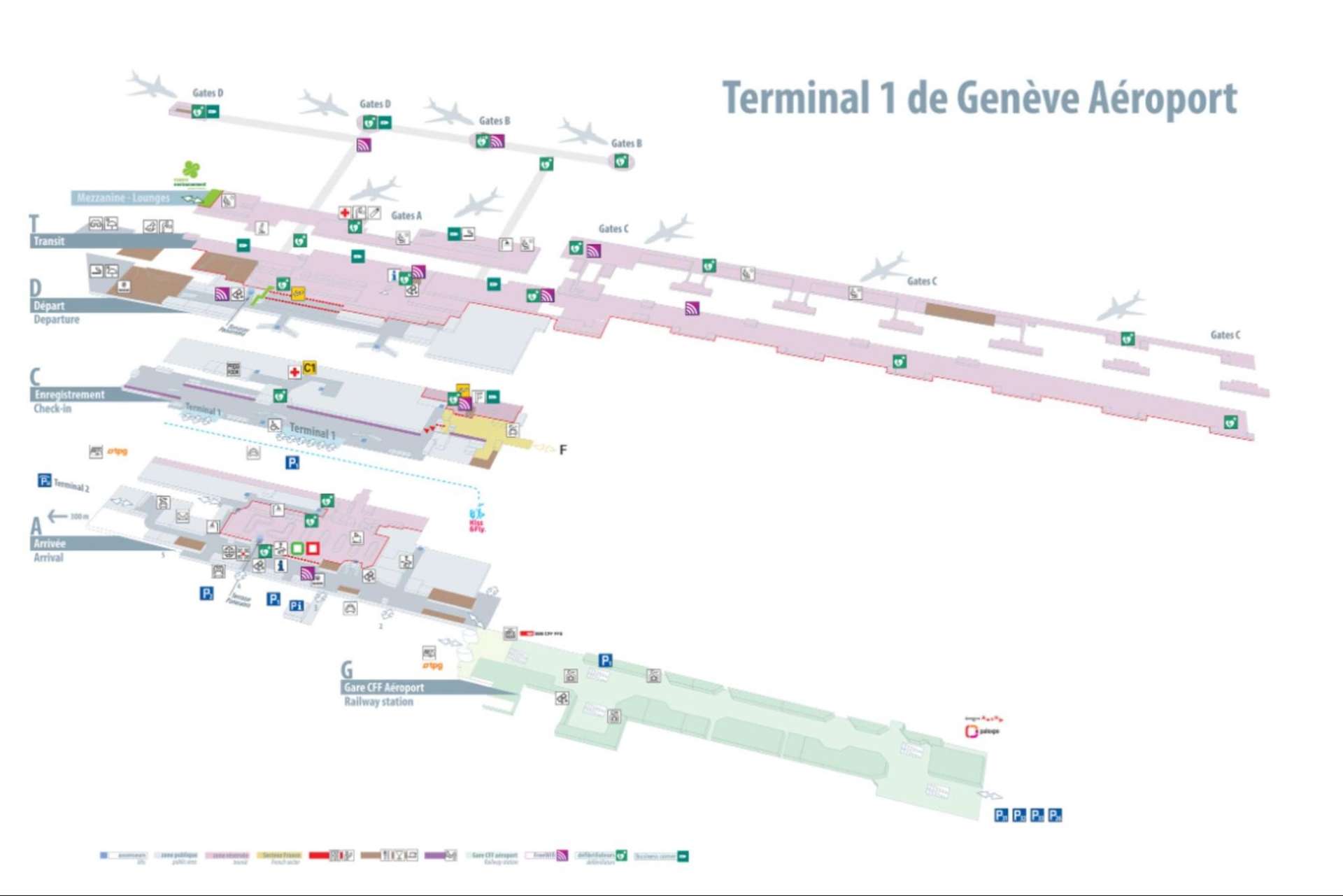Sơ đồ cấu trúc nhà ga 1 của sân bay Geneva Cointrin