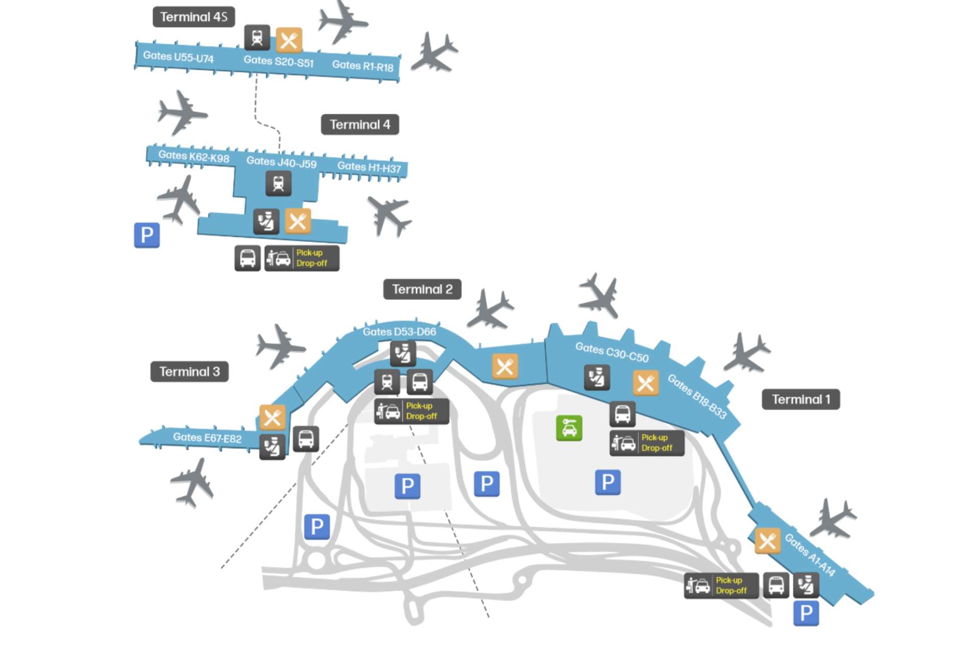 Sơ đồ cấu trúc của 4 nhà ga sân bay Madrid Barajas